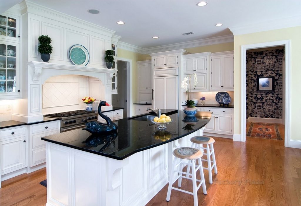 black counters white kitchen cabainets
