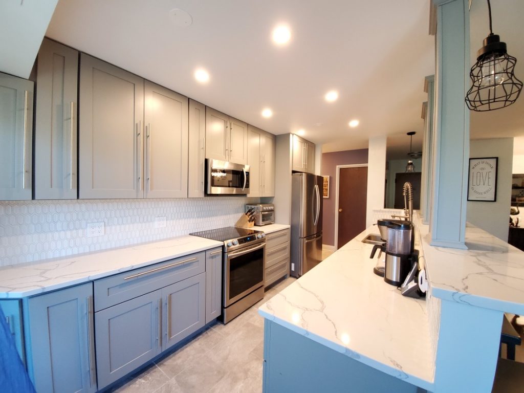 Blue gray cabinets Shaker style
