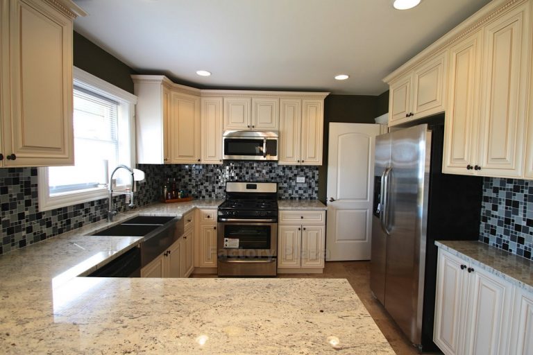 White River granite top white cabinets