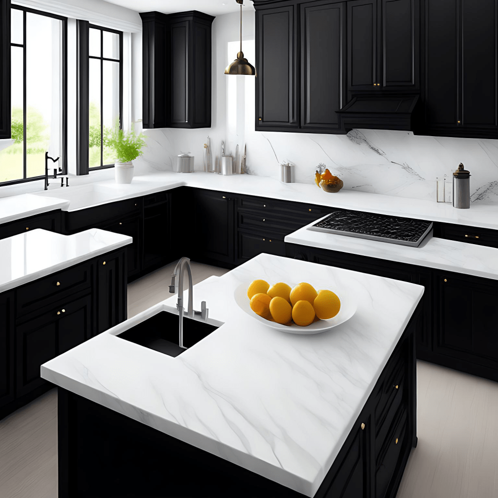 Balck kitchen cabinets and white calacatta quartz countertops