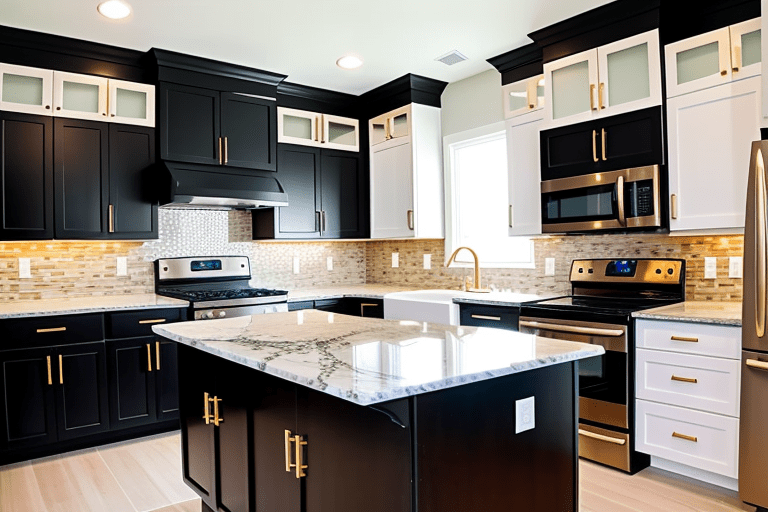 Black and white kitchen cabinet mix and calactta white quartz countertops