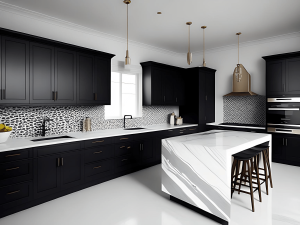 Black kitchen cabinets and white quartz calacatta waterfall island