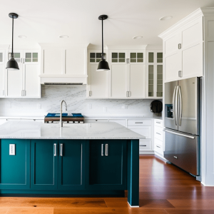 White kitchen cabinets with green turquoise island