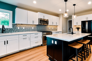 White shaker kitchen cabinets black island and turquoise wall