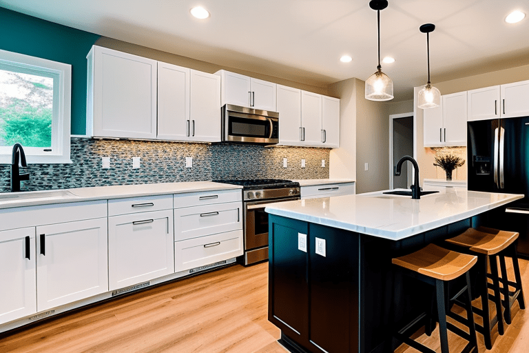 Kitchen Pictures 107 White shaker kitchen cabinets black island and turquoise wall