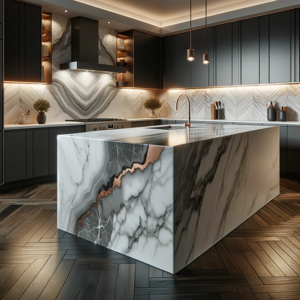 Black kitchen with a big island featuring a waterfall countertop made of Calacatta quartz