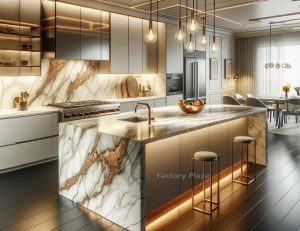 Calacatta quartz countertops with touches of copper or gold colors. Chicagoland 2023 trend b