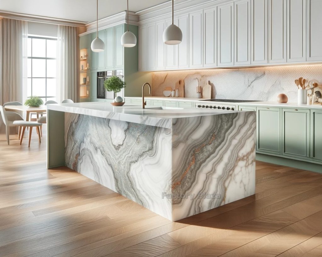 island with a waterfall countertop made of Calacatta quartz. The quartz features a pristine white base with sophisticated golden veins