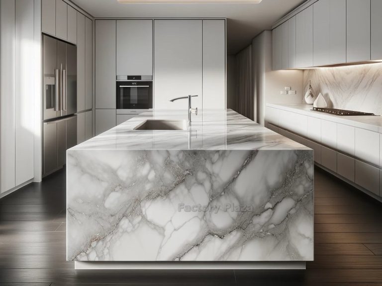 kitchen width island featuring a waterfall countertop made of white Calacatta quartz with gray and very subtle copper gold veins