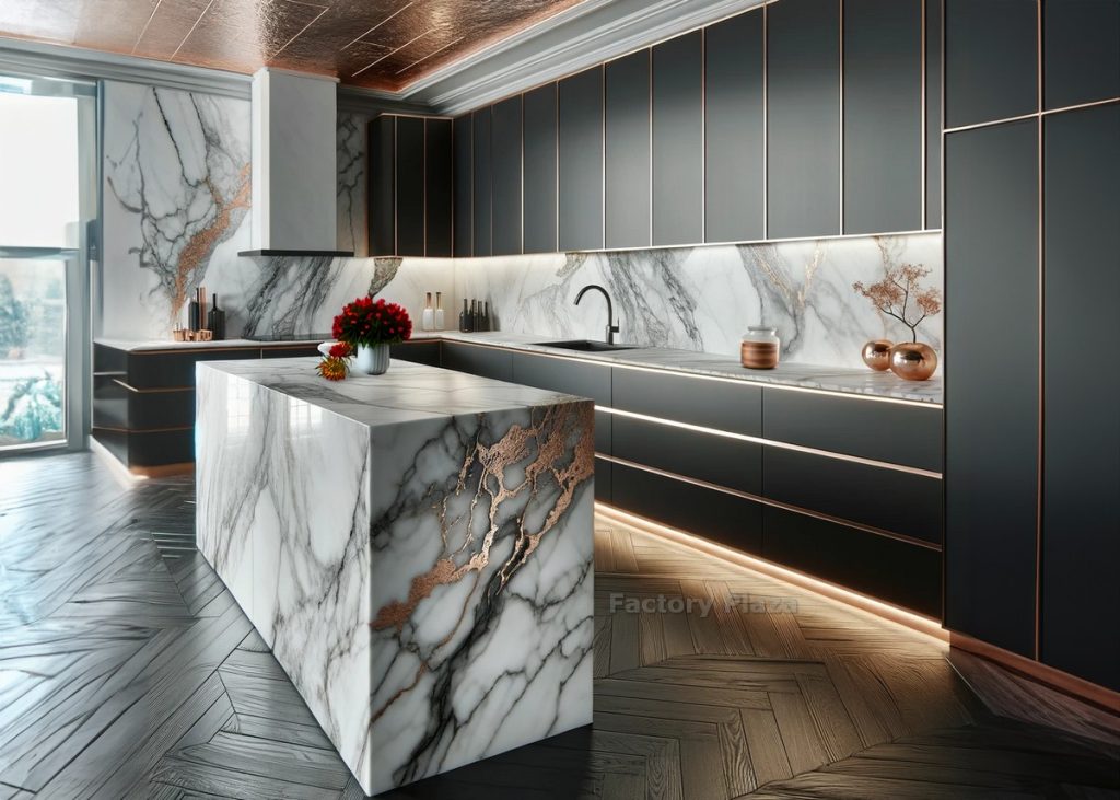 sleek black cabinets and countertops crafted from luxurious Calacatta adorned with delicate copper veins
