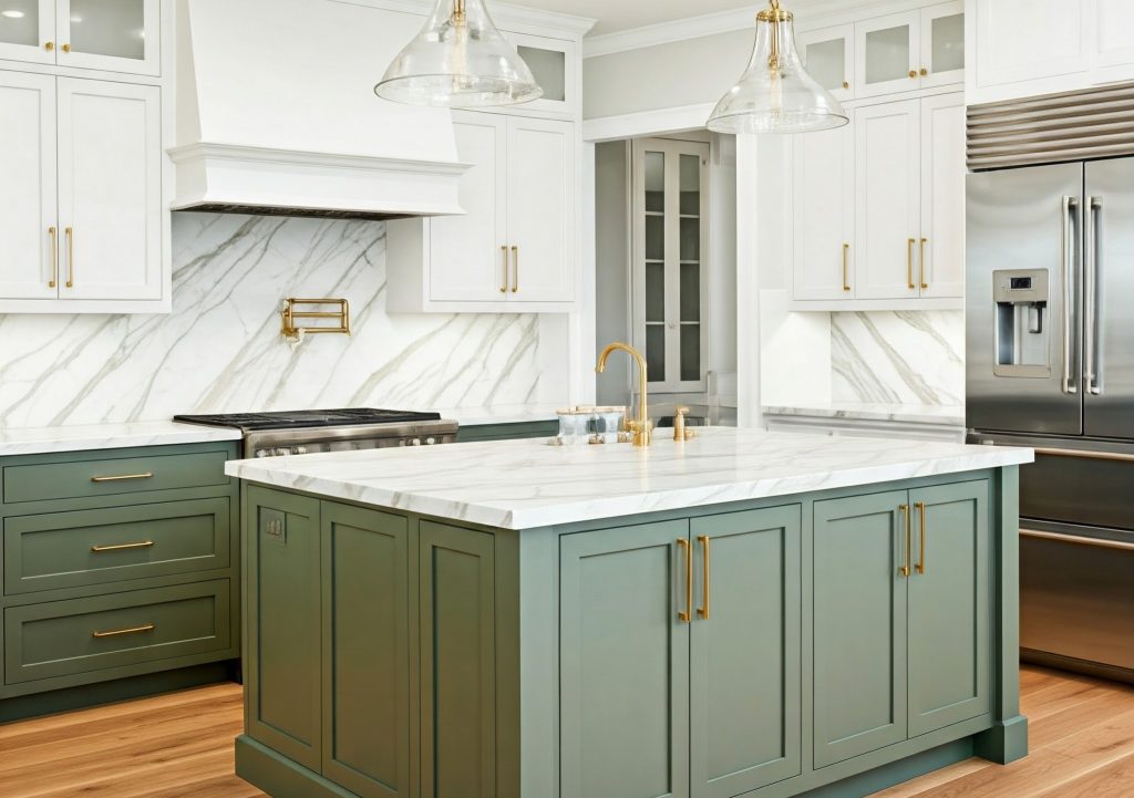 2 color cabinets green base and white wall kitchen cabinets and calacatta quartz countertops w
