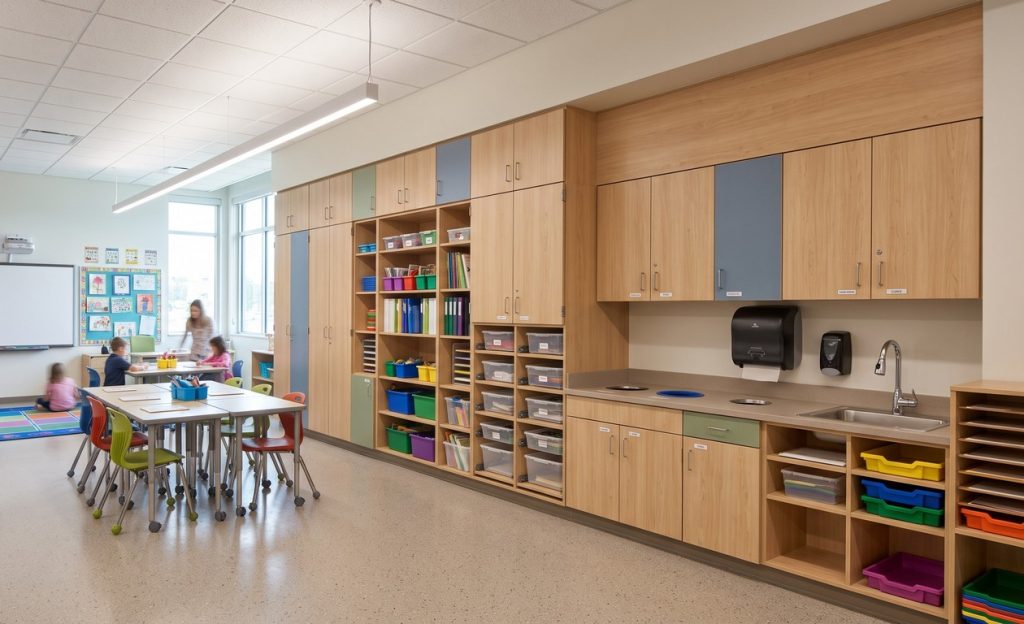 Educational millwork and classroom storage cabinets manufactured with durable plastic laminate