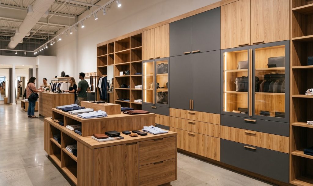 Custom retail display cabinets and melamine store shelving fixtures