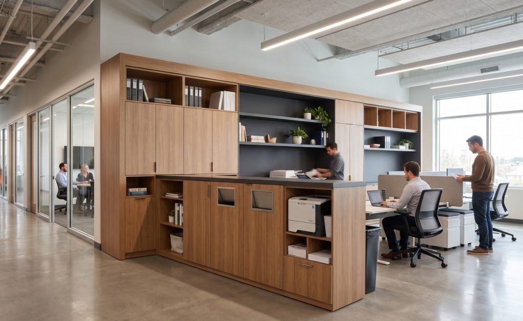 Custom office cabinets and breakroom casework manufactured for commercial spaces
