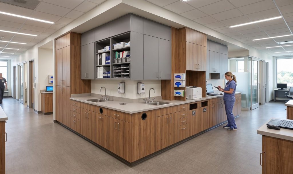 Custom medical office cabinets and healthcare casework in a modern clinical room